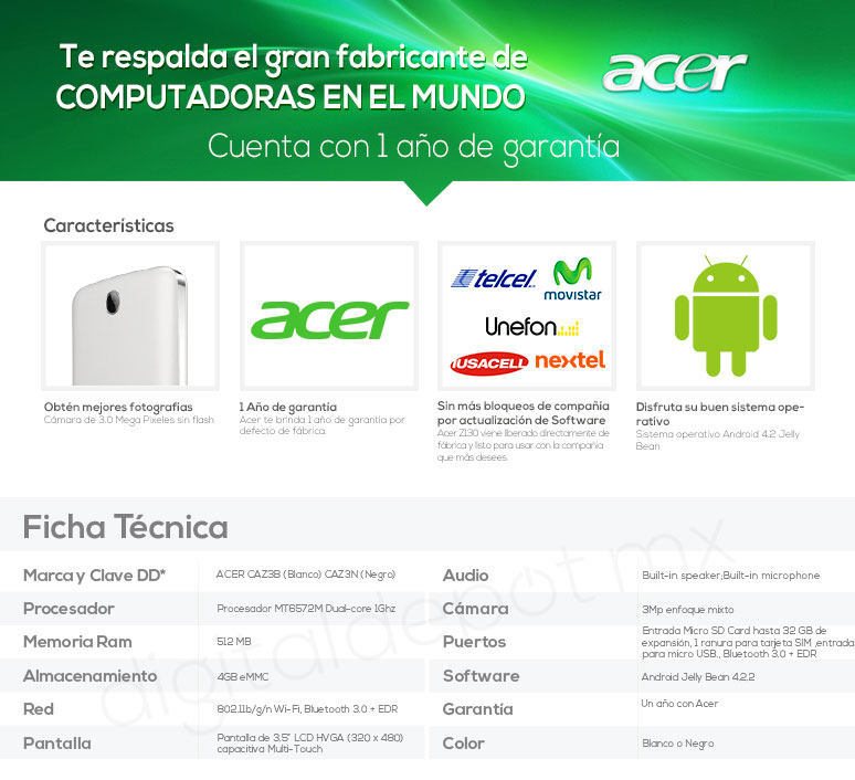 Acer-Celular-Smarthphone- Liquid Z3-3.5 pulgadas-MT6572M-4Gb-caracteristicas