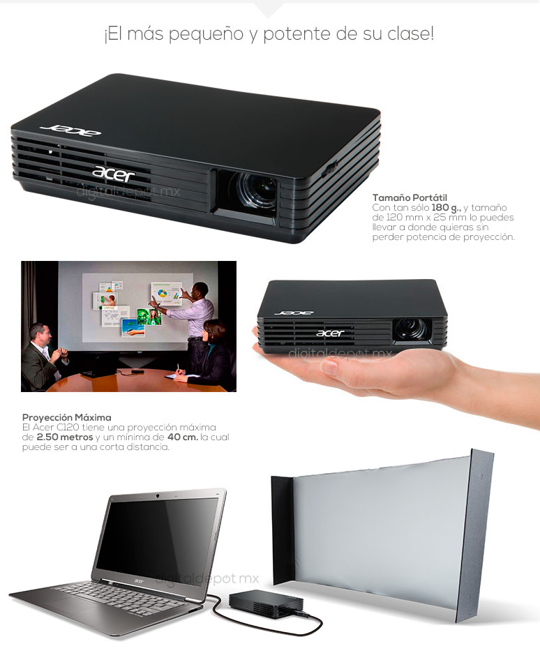 Acer-proyector-cañon-C120-mini-100 lumens-lampara 20000hrs-180g-fotos