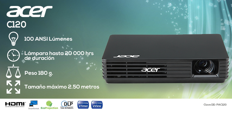 Acer-proyector-cañon-C120-mini-100 lumens-lampara 20000hrs-180g