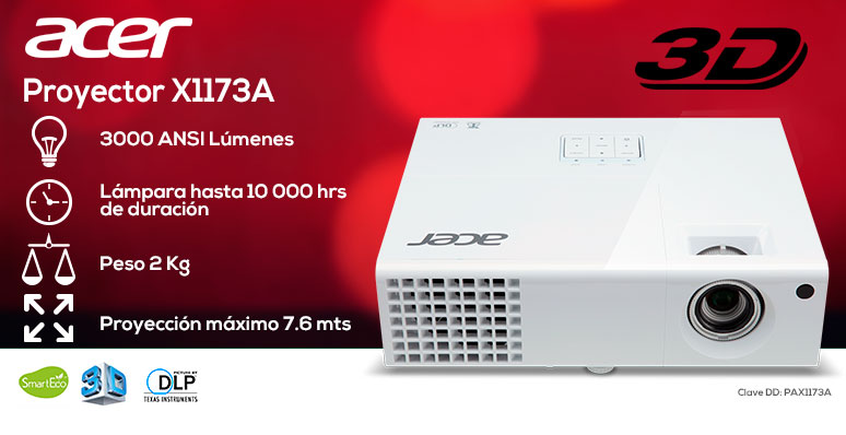 Acer-proyector-cañon-X1173a-blanco-3000 ANSI lumenes-lampara 10000hrs-2kg-3D