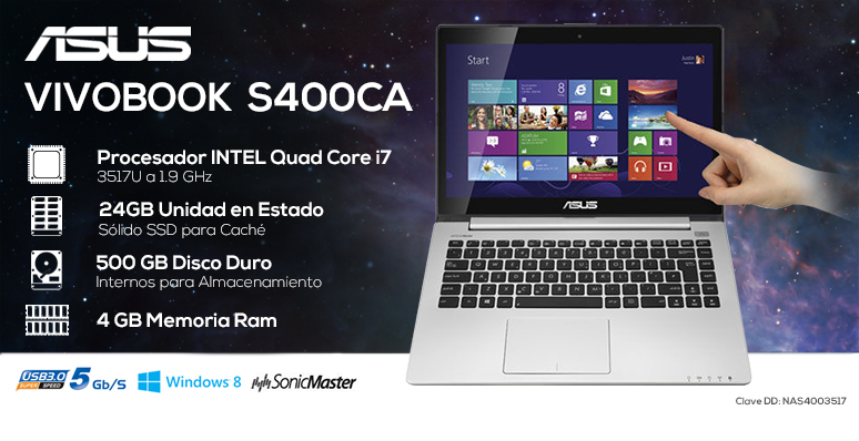 Asus-Laptop-VIVOBOOK-S400CA-MX3-H-mas sonido-Intel Quad Core i7-4Gb Ram-500Gb DD-24Gb SSD