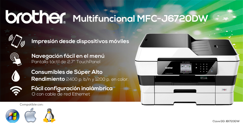 BROTHER-Impresora-Printer-MFC-J6720DW-Multifuncional-Red inalámbrica-Pantalla táctil-Alto rendimiento