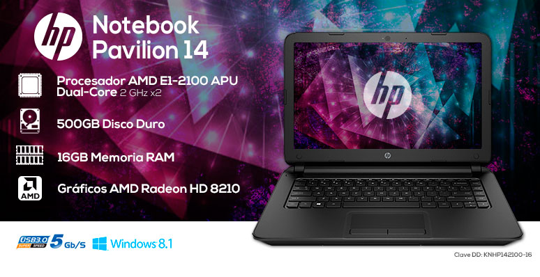 Hp-Laptop-Notebook-Pavilion 14-basica-AMD EI-2100 APU-16Gb Ram-500Gb DD