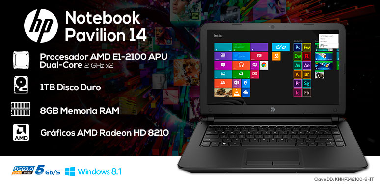 Hp-Laptop-Notebook-Pavilion 14-basica-AMD EI-2100 APU-8Gb Ram-1Tb DD