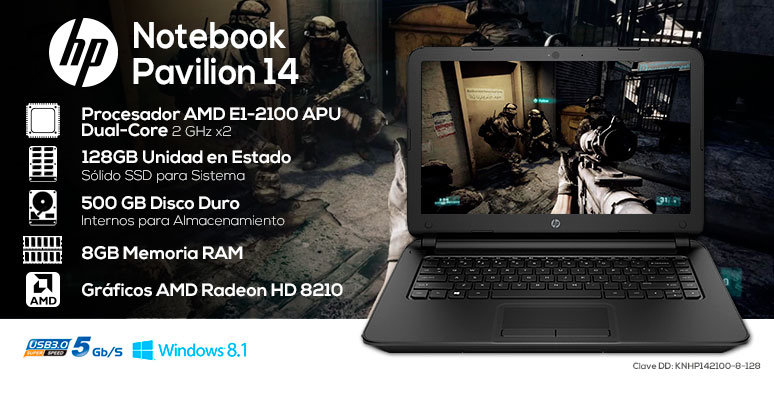 Hp-Laptop-Notebook-Pavilion 14-potente-AMD EI-2100 APU-128Gb SSD-8Gb Ram-500Gb DD