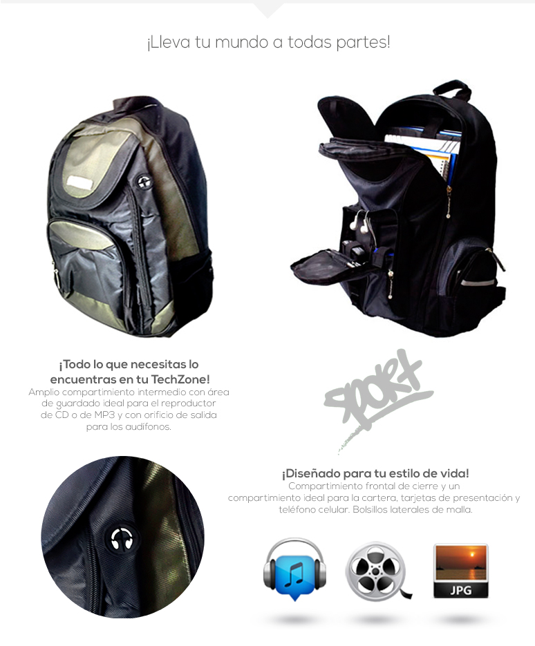 TechZone-Mochila-Backpack-TZBTS303-para Laptop-poliester-correas acolchonadas-compartimientos-fotos