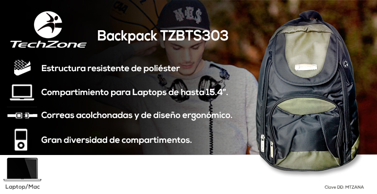 TechZone-Mochila-Backpack-TZBTS303-para Laptop-poliester-correas acolchonadas-compartimientos