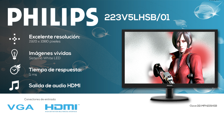 phillips-monitor-pantalla-223v5lhsb01-ergonomico-resolucion 1920x1080 pixeles-sistema white led-5ms de respuesta