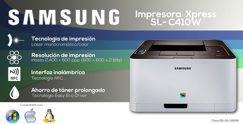 samsung-impresora-printer-xpress-sl-c410w-rapida-tecnologia laser monocromatica-interfaz nfc-tecnologia easy eco driver